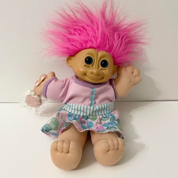 Vintage Russ Plush Troll Toy Doll with Purse Floral Dress 10 Inch Tall - Picture 1 of 16